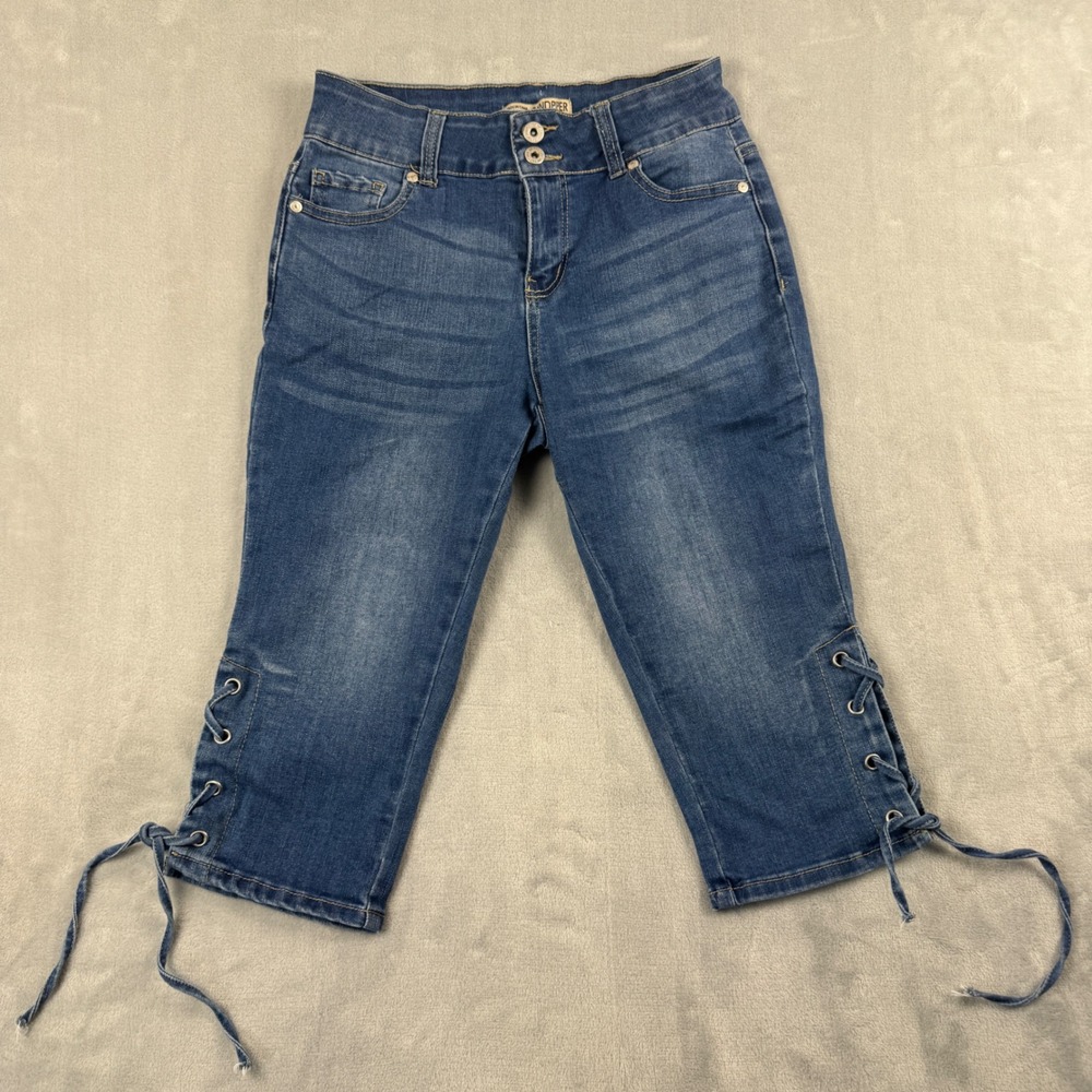 Sandpiper Petite Medium Wash Lace Up Cuff Capri Jeans Blue Denim Size 6P